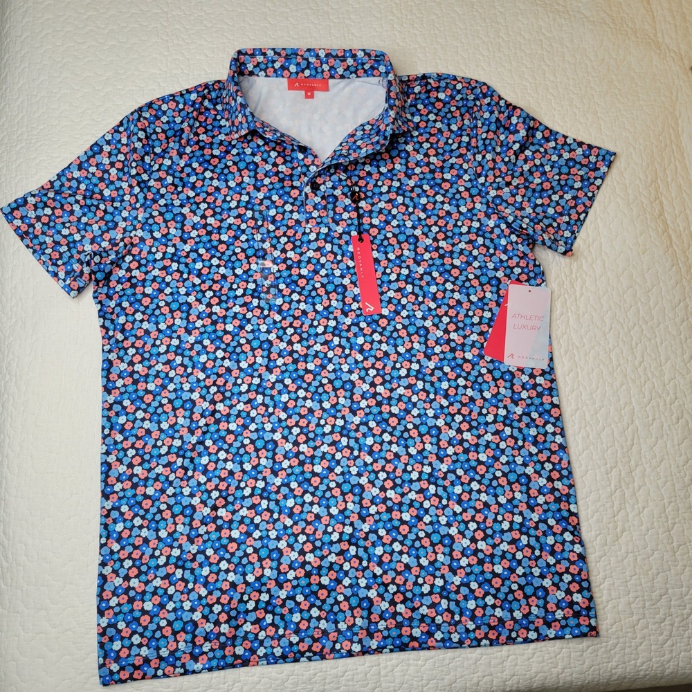 Redvanly Marne Polo Mens Medium Midnight Navy Multi Floral Golf Shirt MSRP $110. - Picture 2 of 16